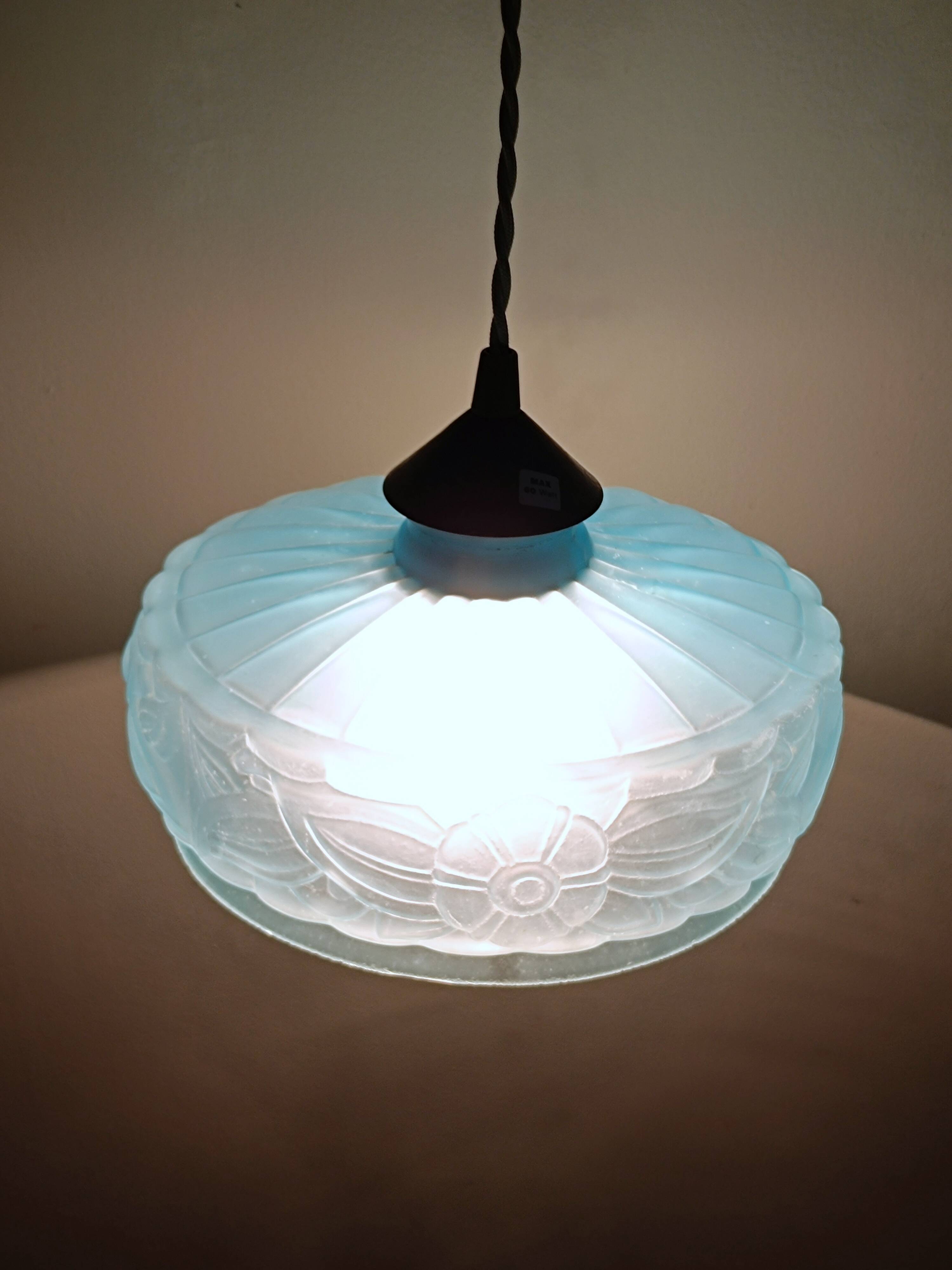 Vintage frosted blue glass pendant light