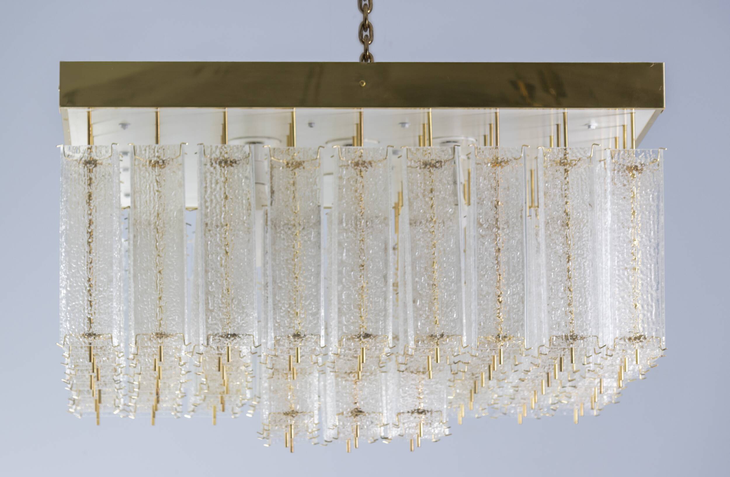 Bohemian flush-mount light in textured glass & brass, 1960s