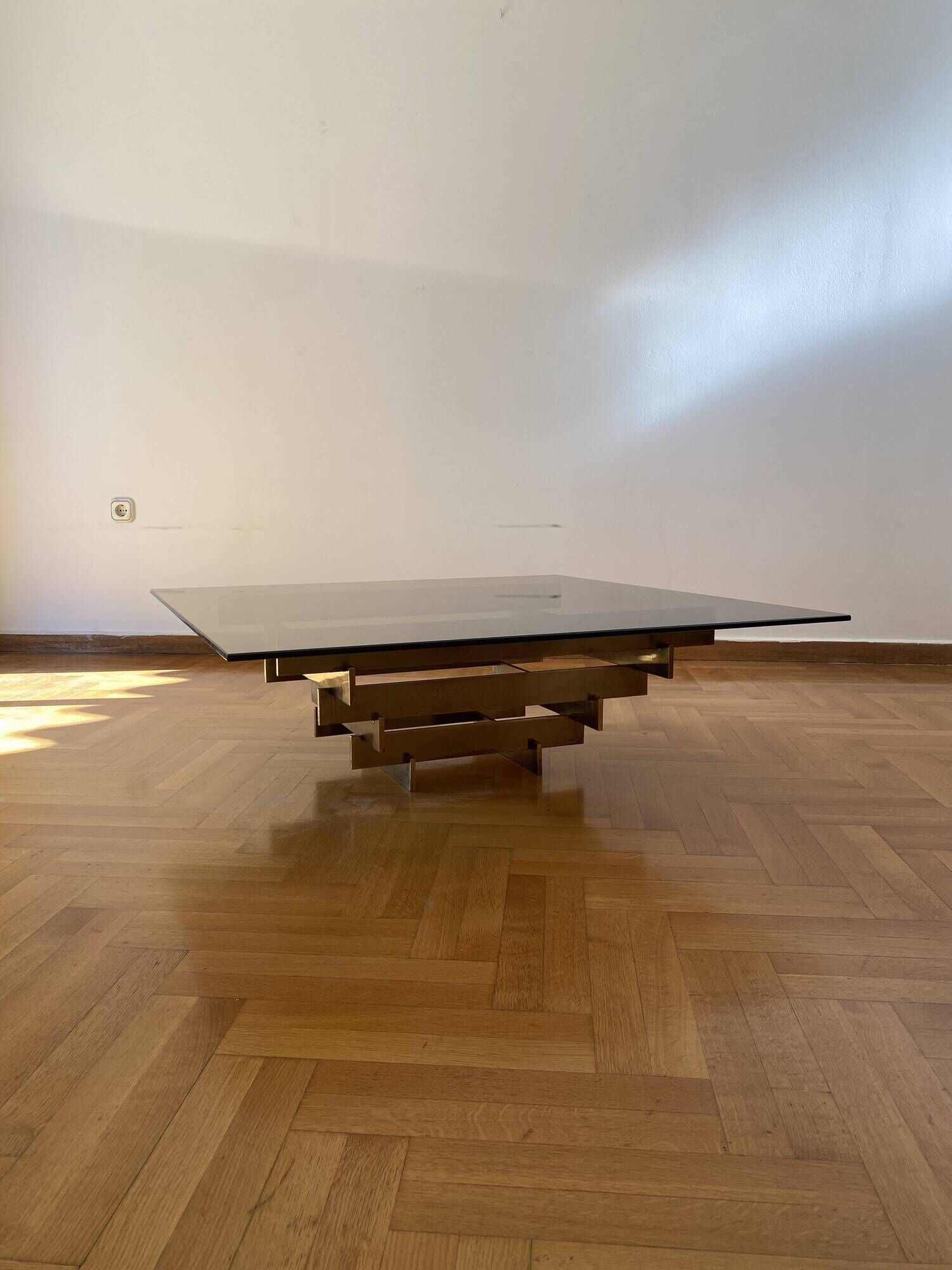 Vintage 1970s Square Coffee Table in Brass and Smoked Glass, David Hicks