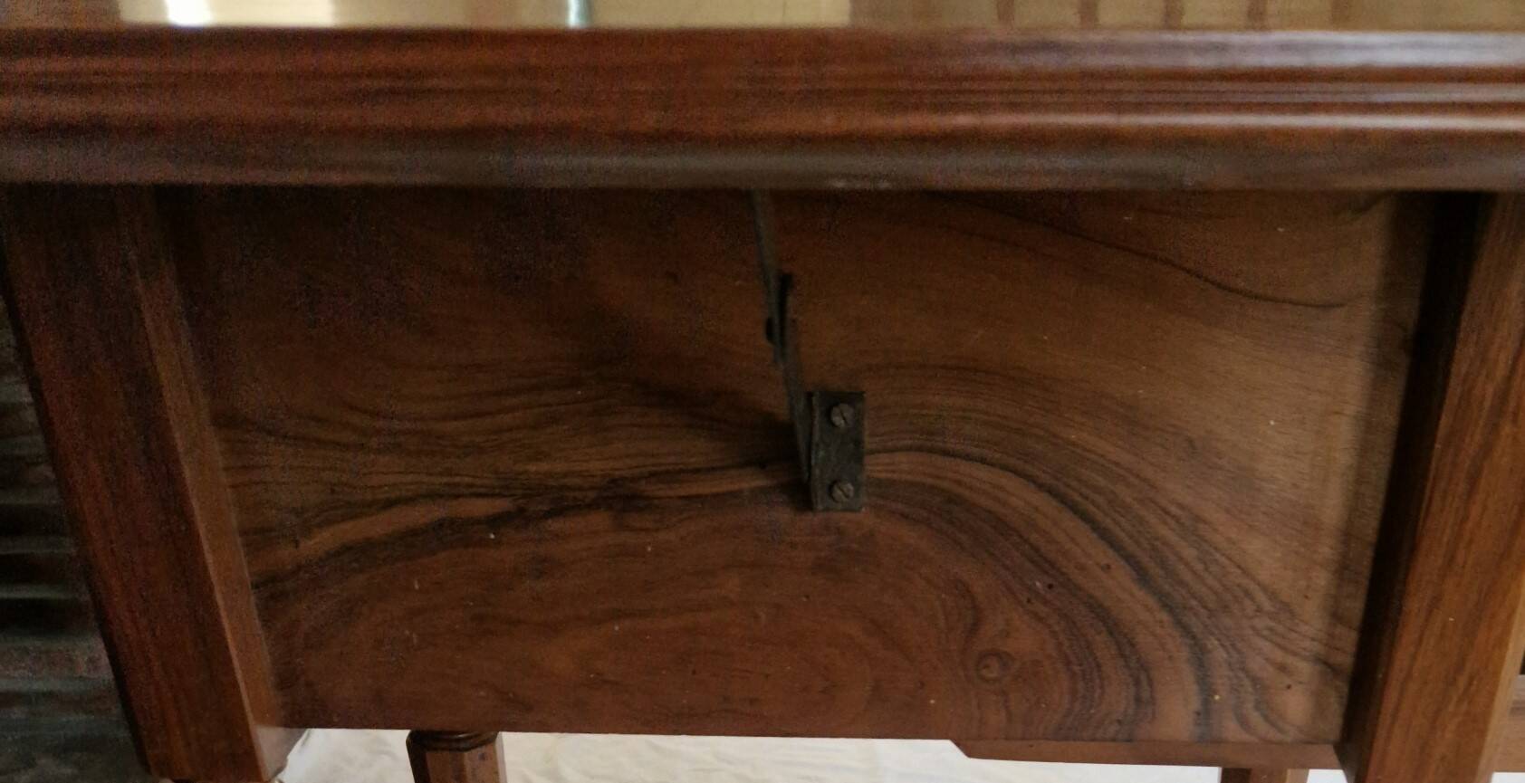 Nineteenth-century walnut work table with flaps, large storage + secret drawer.