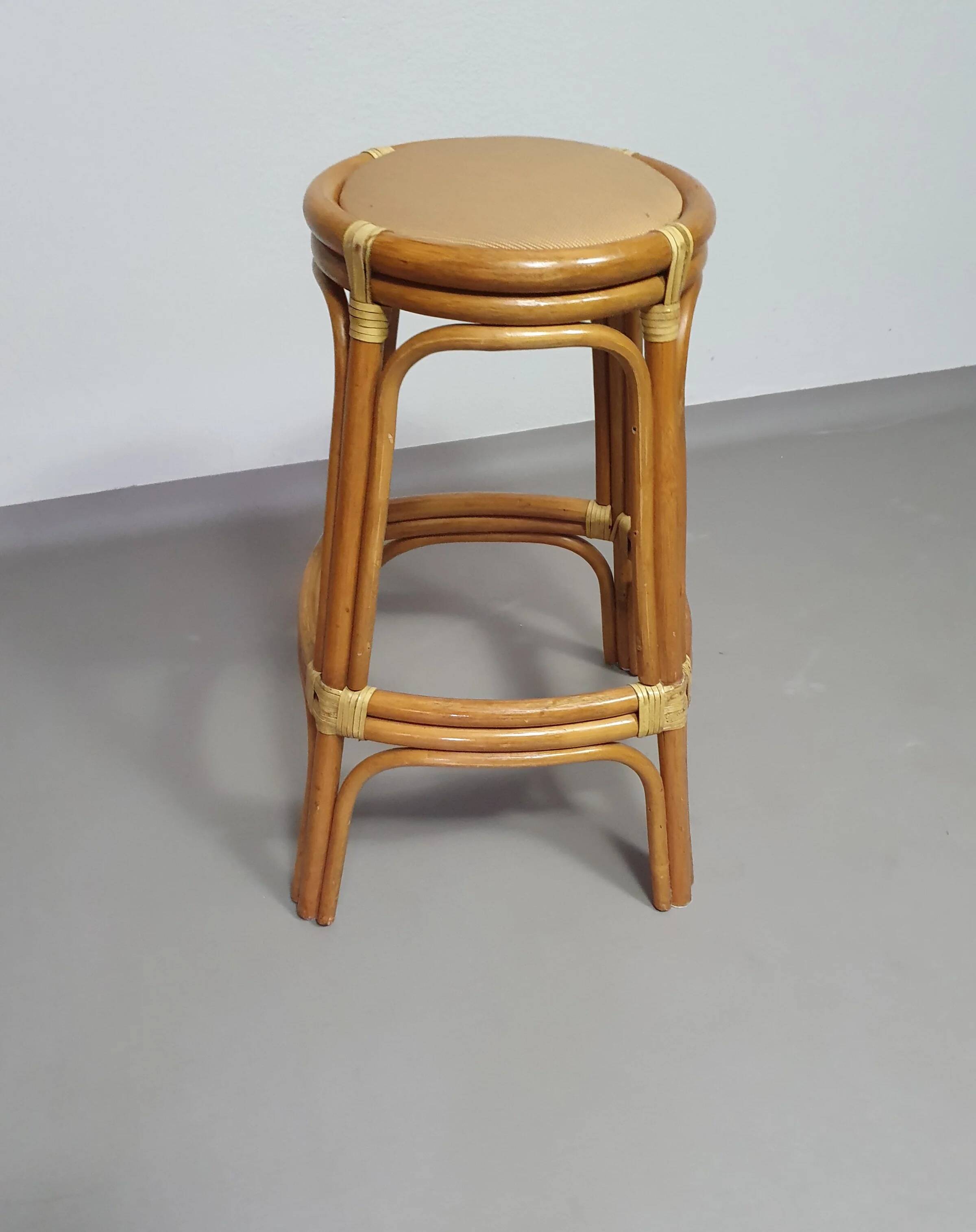 3 x bamboo stool with leather laces / 70s