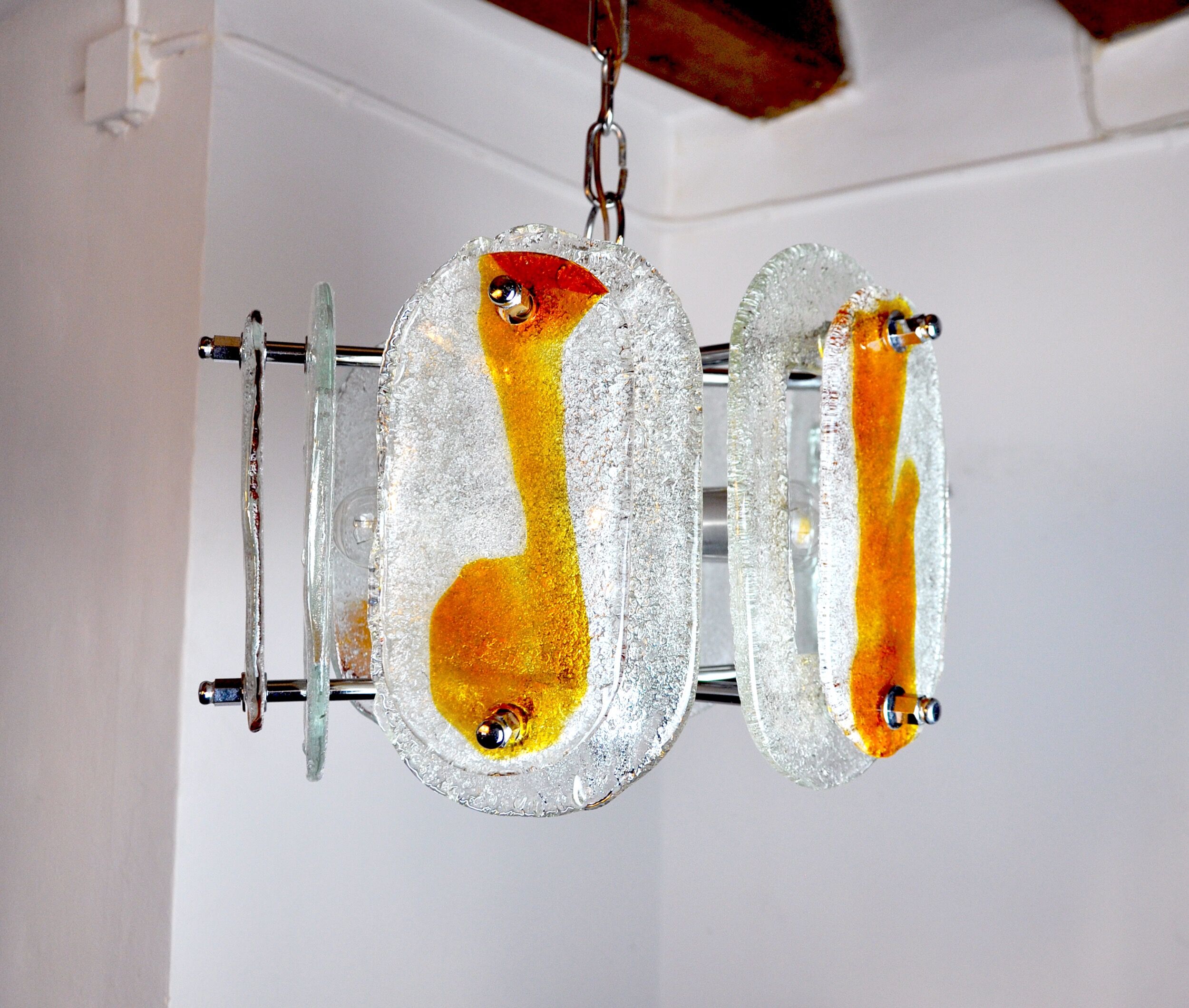 Murano mazzega chandelier, orange frosted glass, italy, 1970
