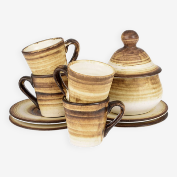 Set of 4 cups with saucer and sugar bowl, in Longchamp earthenware