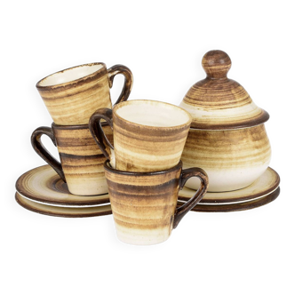 Set of 4 cups with saucer and sugar bowl, in Longchamp earthenware