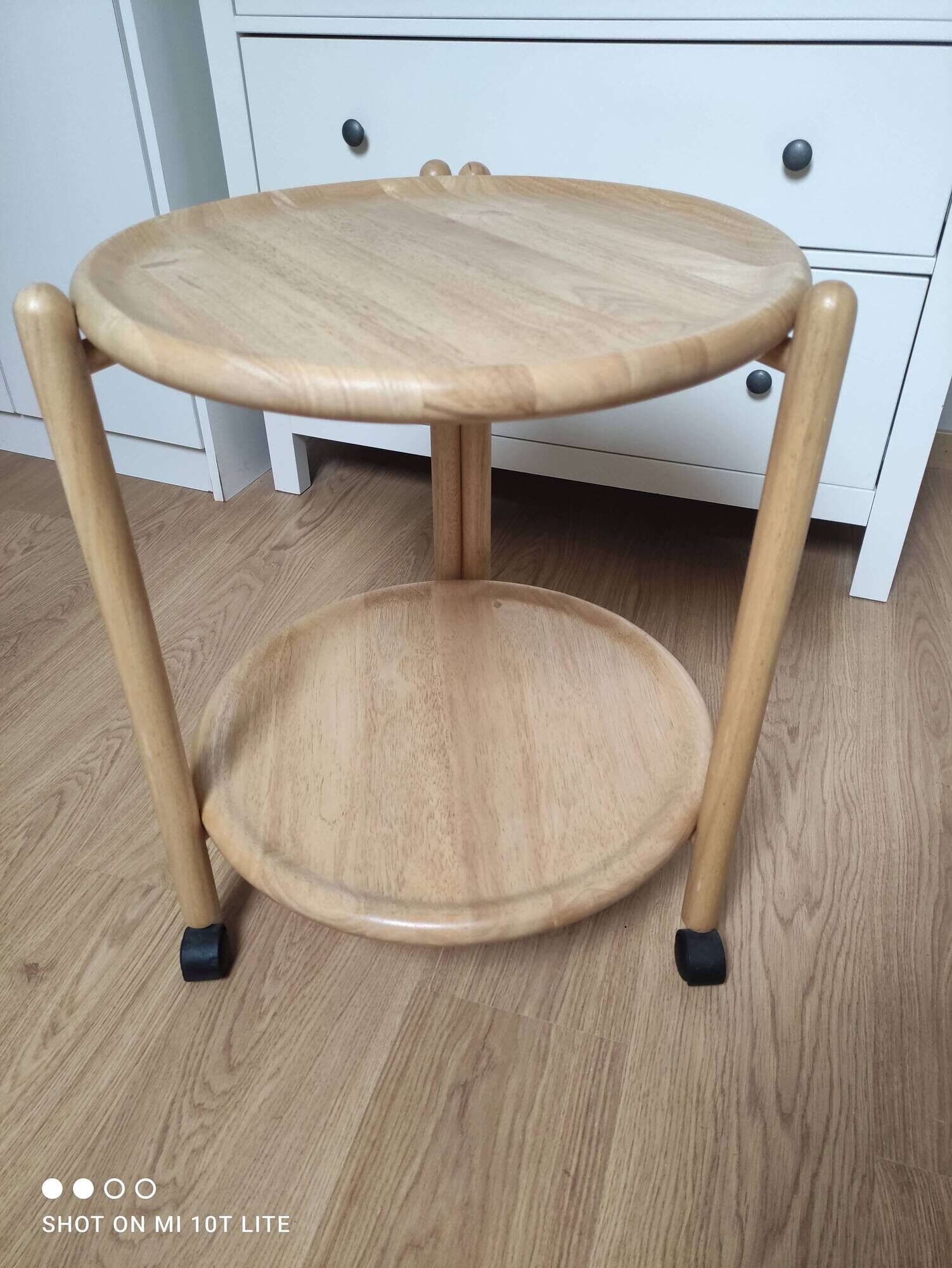 Vintage round service with foldable honey wooden wheels with 2 retractable trays (1 turn)