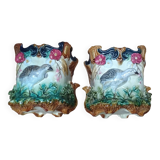 Pair of "Perdrix" Pot Covers Barbotine Onnaing