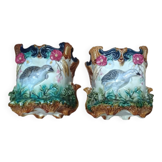 Pair of "Perdrix" Pot Covers Barbotine Onnaing