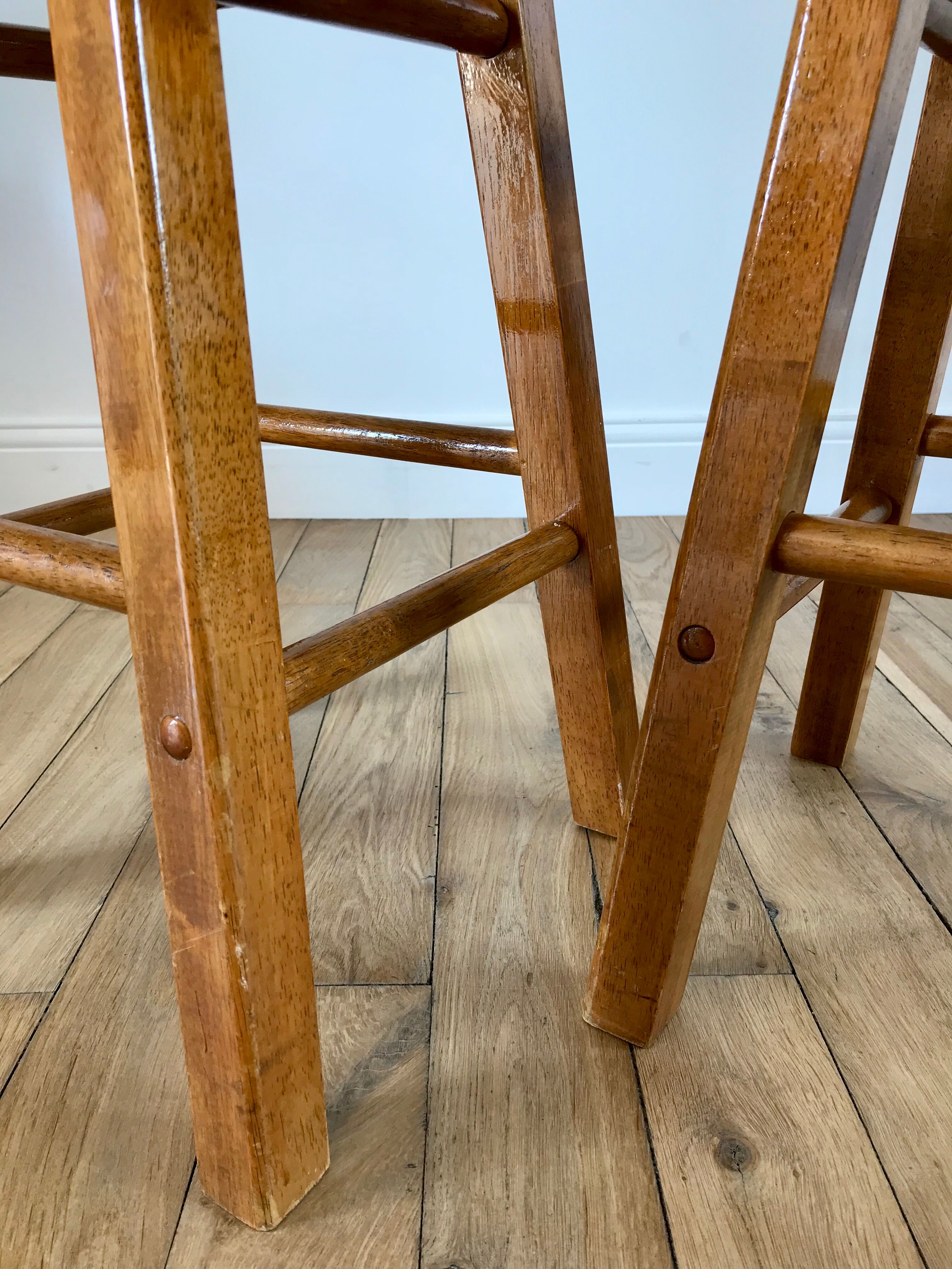 Pair of high stools / bar varnished wood 60-70s