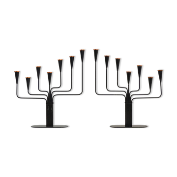 Pair of Black Painted Metal Candelabras with Red Copper Detailing Suitable for 7 candles by Gunnar Ander for Ystad-Metall , Sweden 1960s