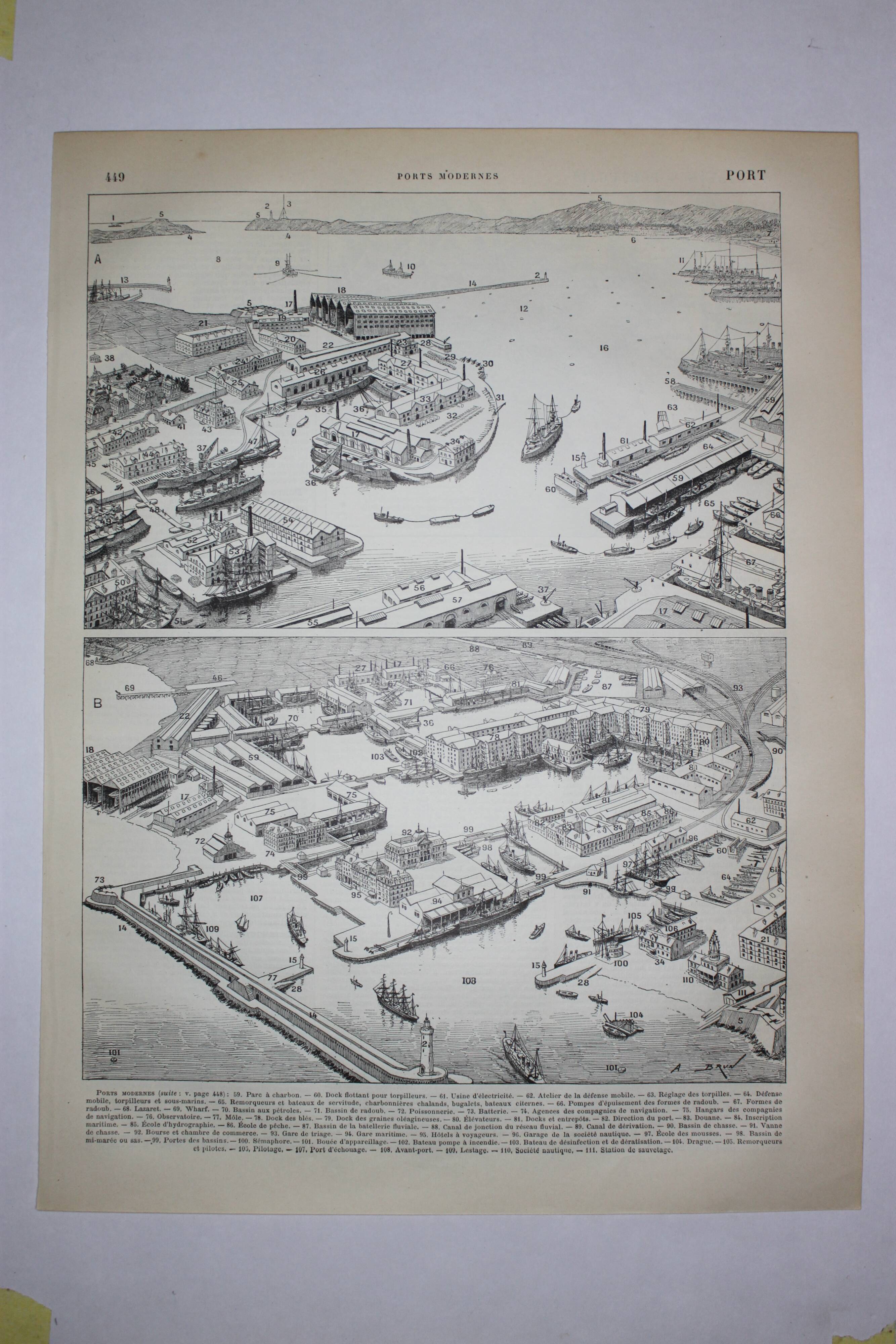 Lithograph • Old port 2, boat, trade • Original engraving from 1898