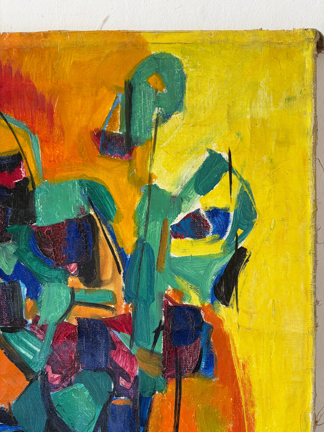 Bouquet of flowers in a blue vase, knife technique.