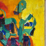 Bouquet of flowers in a blue vase, knife technique.