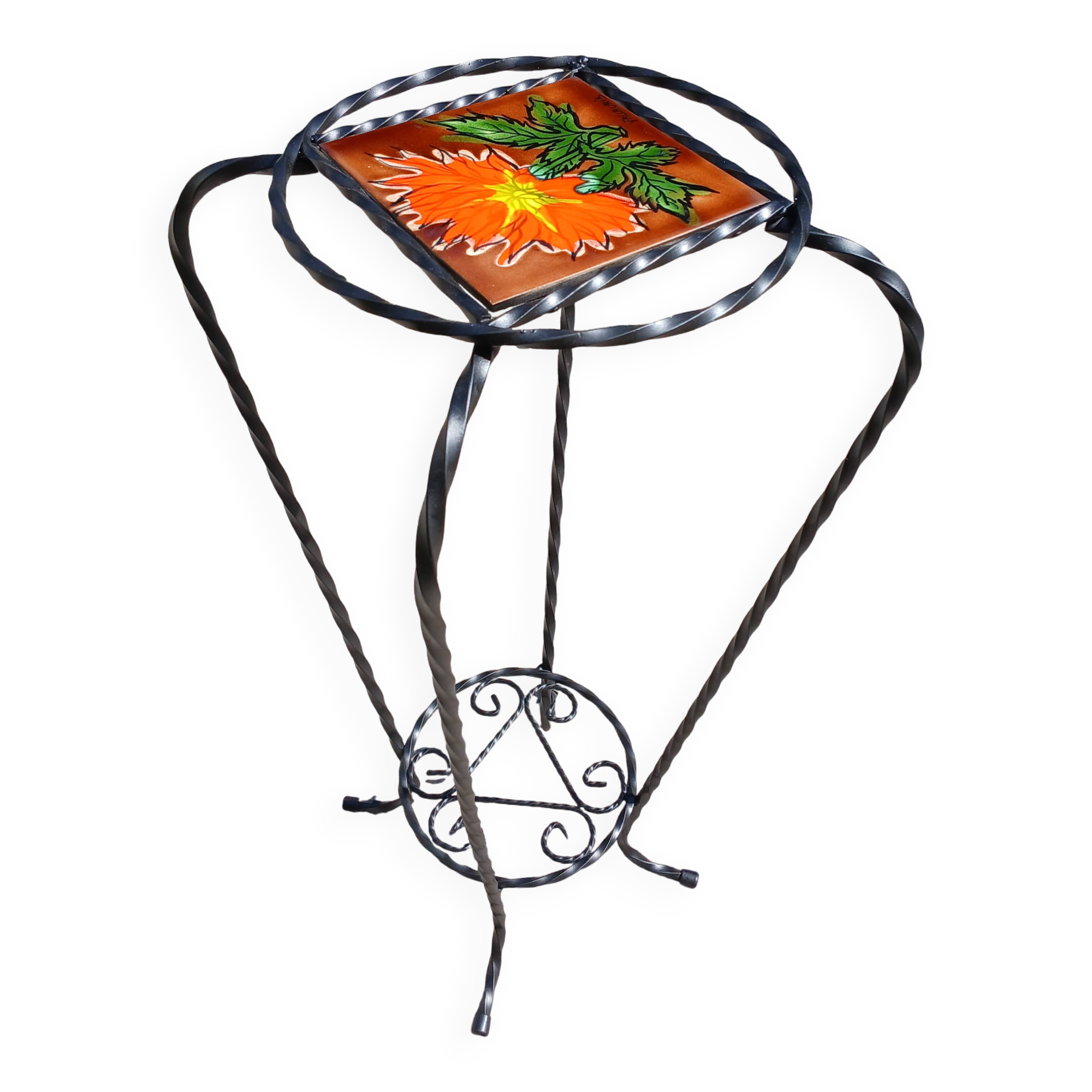 Vintage plant stand with Vallauris pottery.
