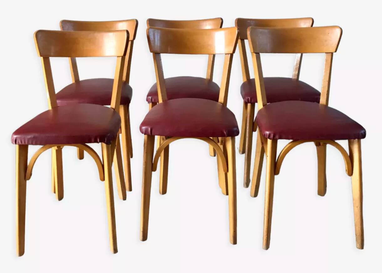 Set of 6 Luterma bistro chairs in blond wood and skaï 50s