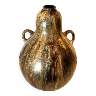 art nouveau brown 'colocynth' vase with three handles, roger guerin