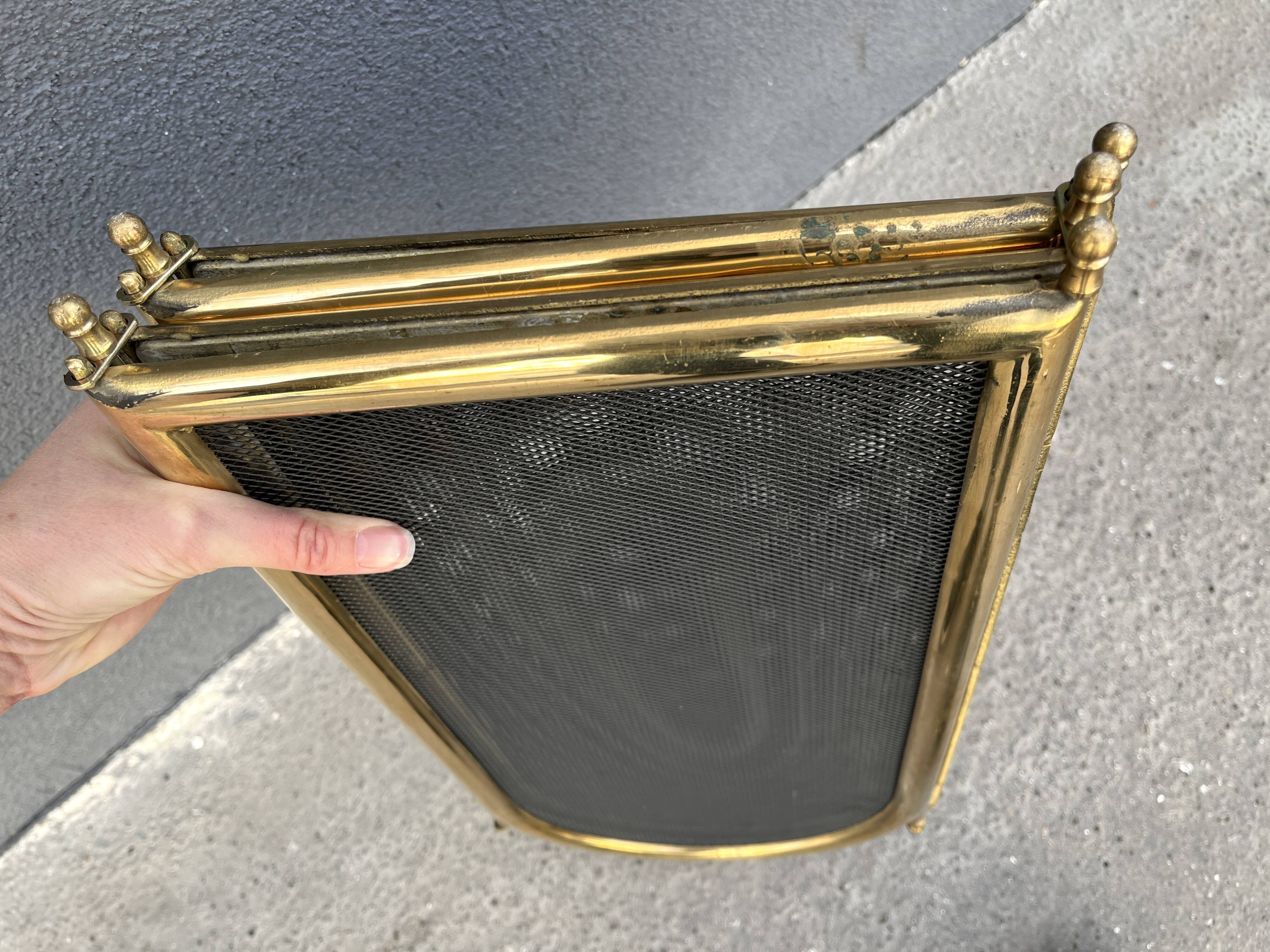 Antique 1920s Brass Fireplace Screen, Vintage French 4-Panel Spark Guard