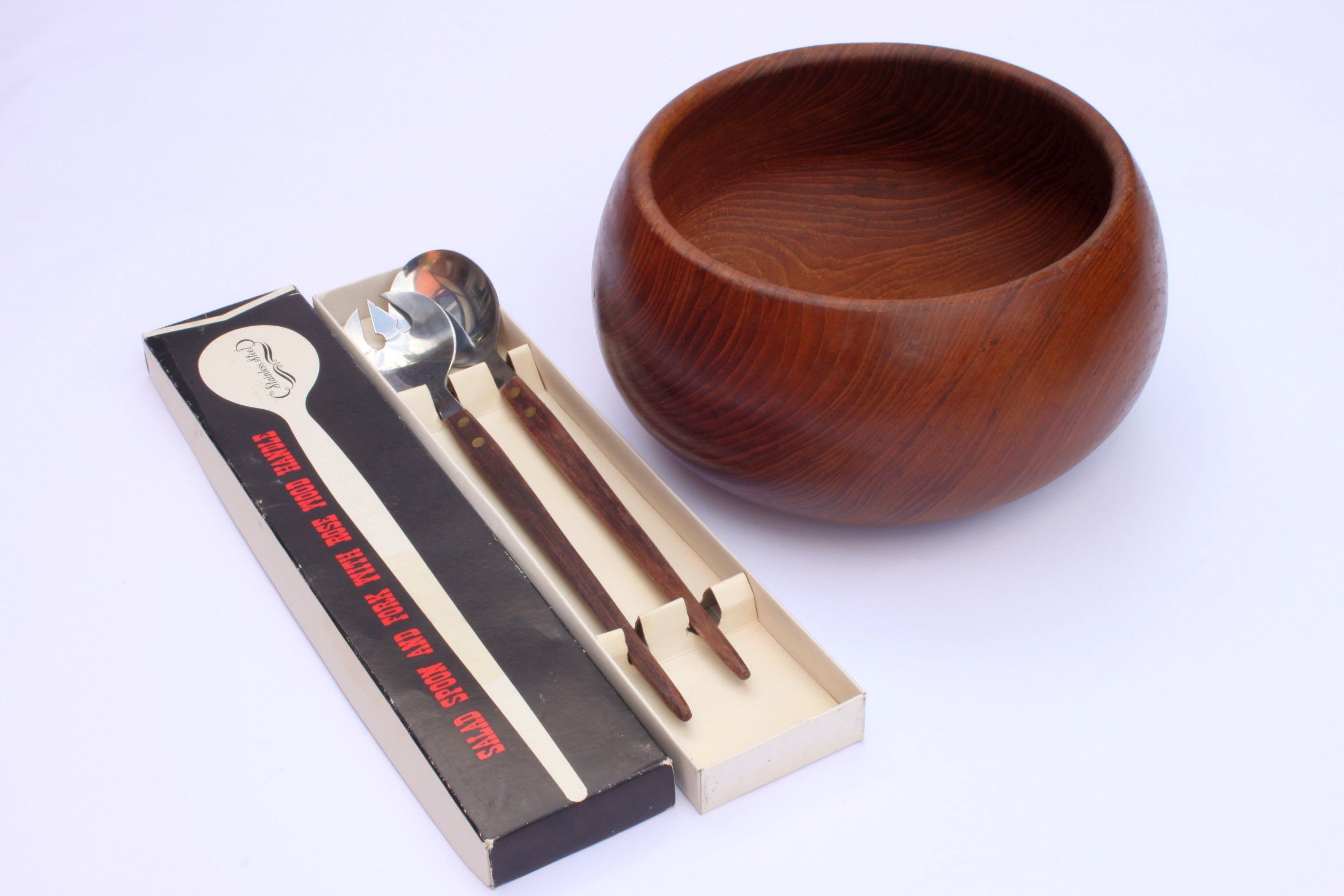 Teak wooden salad bowl and serving spoons, 1970s