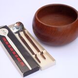 Teak wooden salad bowl and serving spoons, 1970s