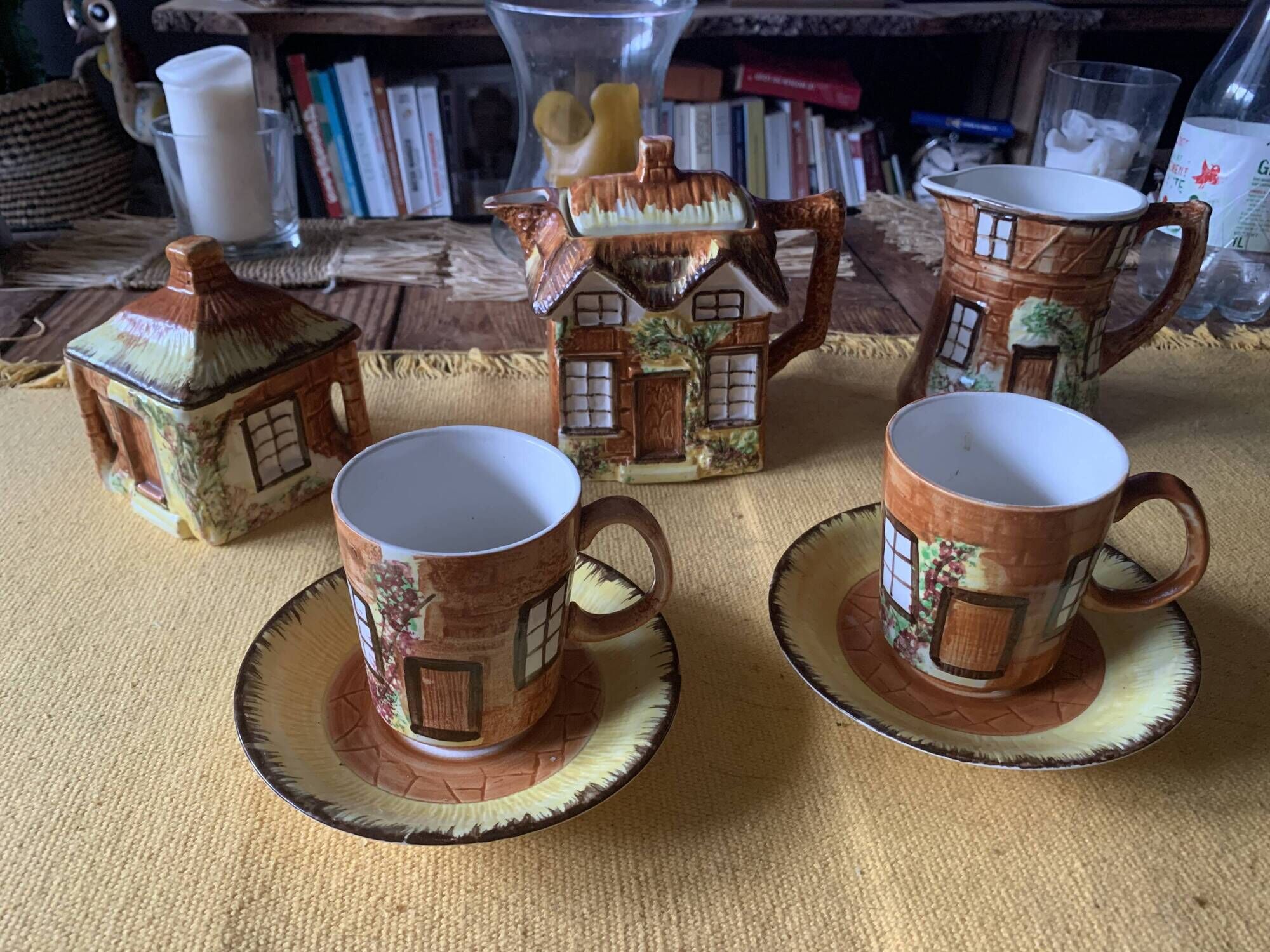 English Cottage tea set. 2 cups, milk jug, sugar bowl, teapot.