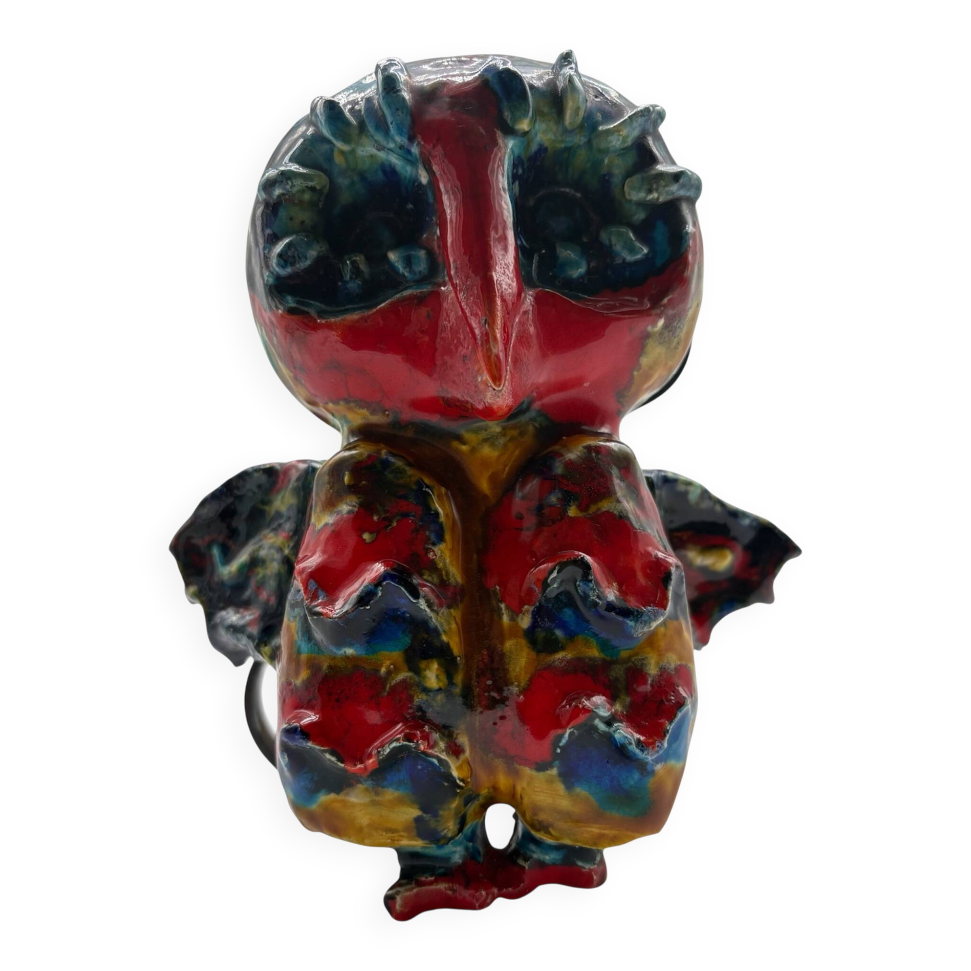 Owl Sculpture in Glazed Ceramic Dated 1991 on Wrought Iron Base