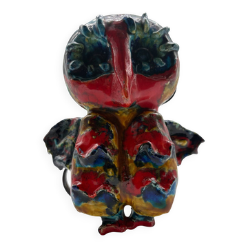 Owl Sculpture in Glazed Ceramic Dated 1991 on Wrought Iron Base