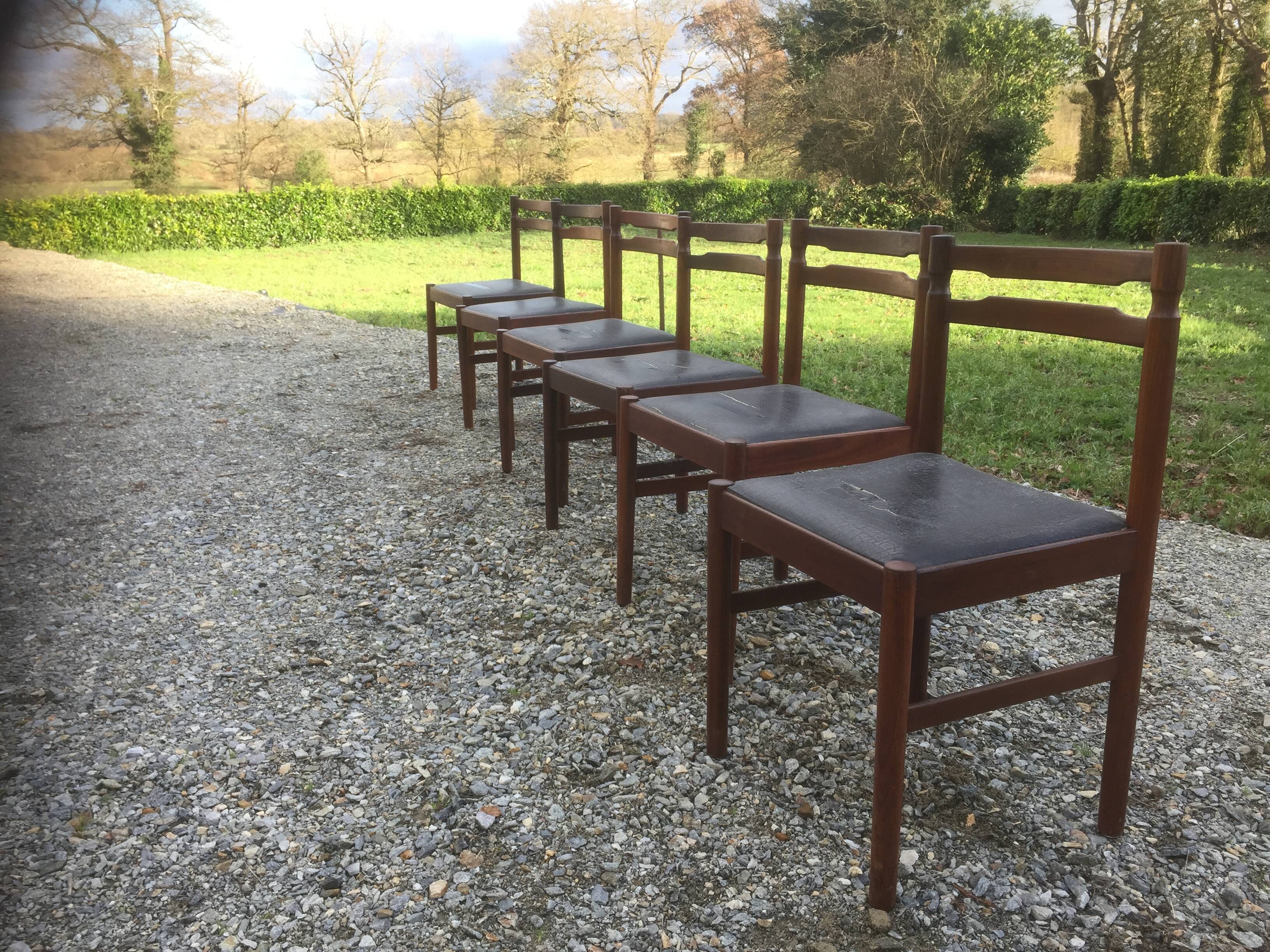 Vintage scandinavian teak chairs, black skaï seats as it is