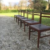 Vintage scandinavian teak chairs, black skaï seats as it is