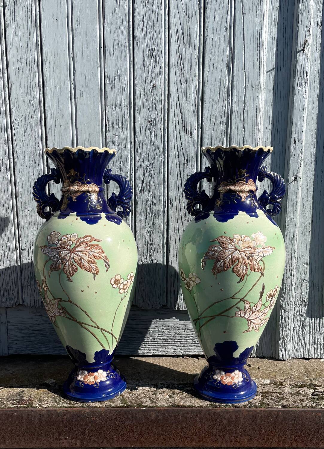 Pair of vintage 20th century Japanese Satsuma vases in decorated ceramic