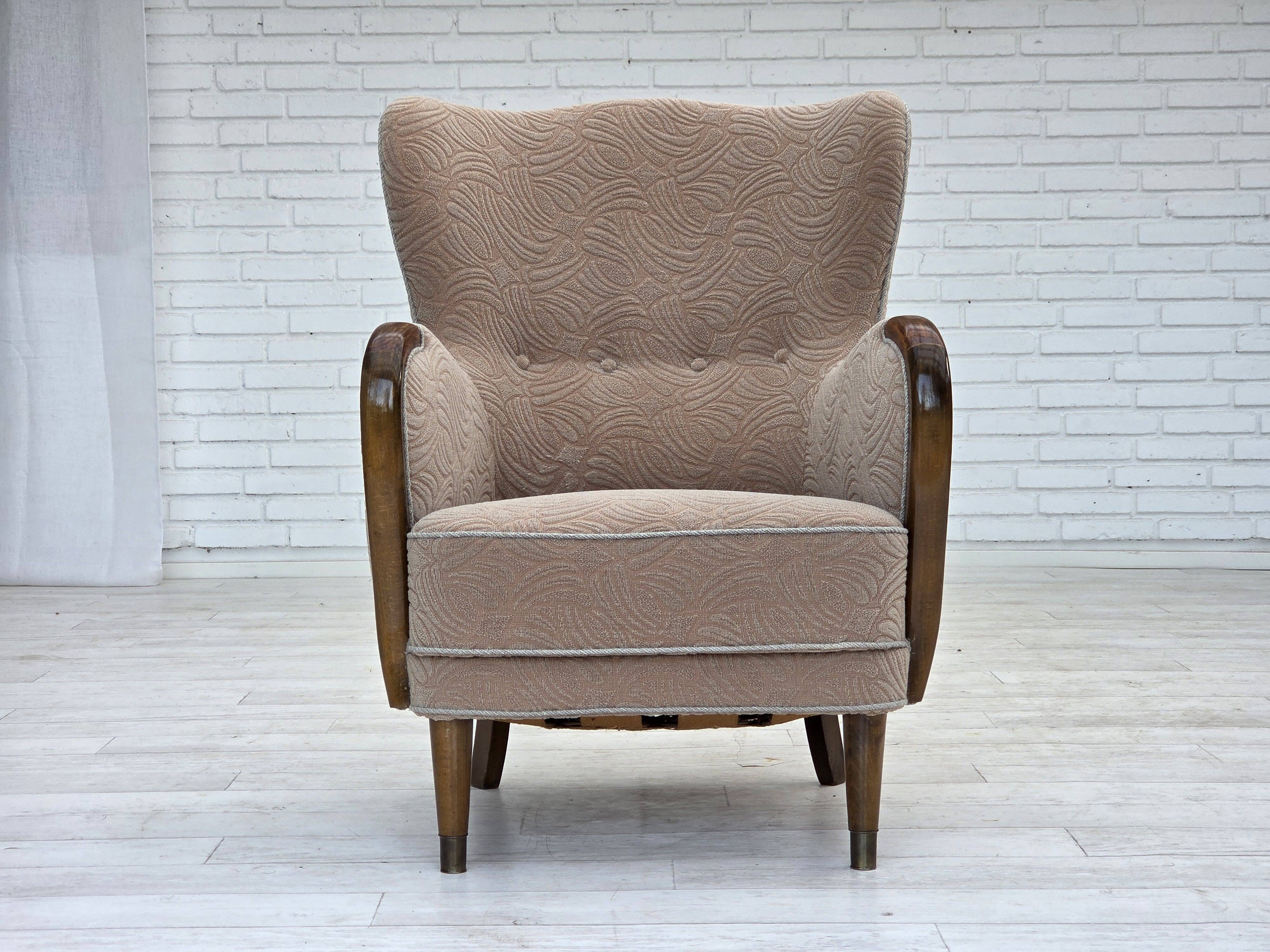 1960s, Danish armchair, blend wool fabric, beech wood.