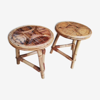 Paire de table de chevets ou tabourets en rotin vintage