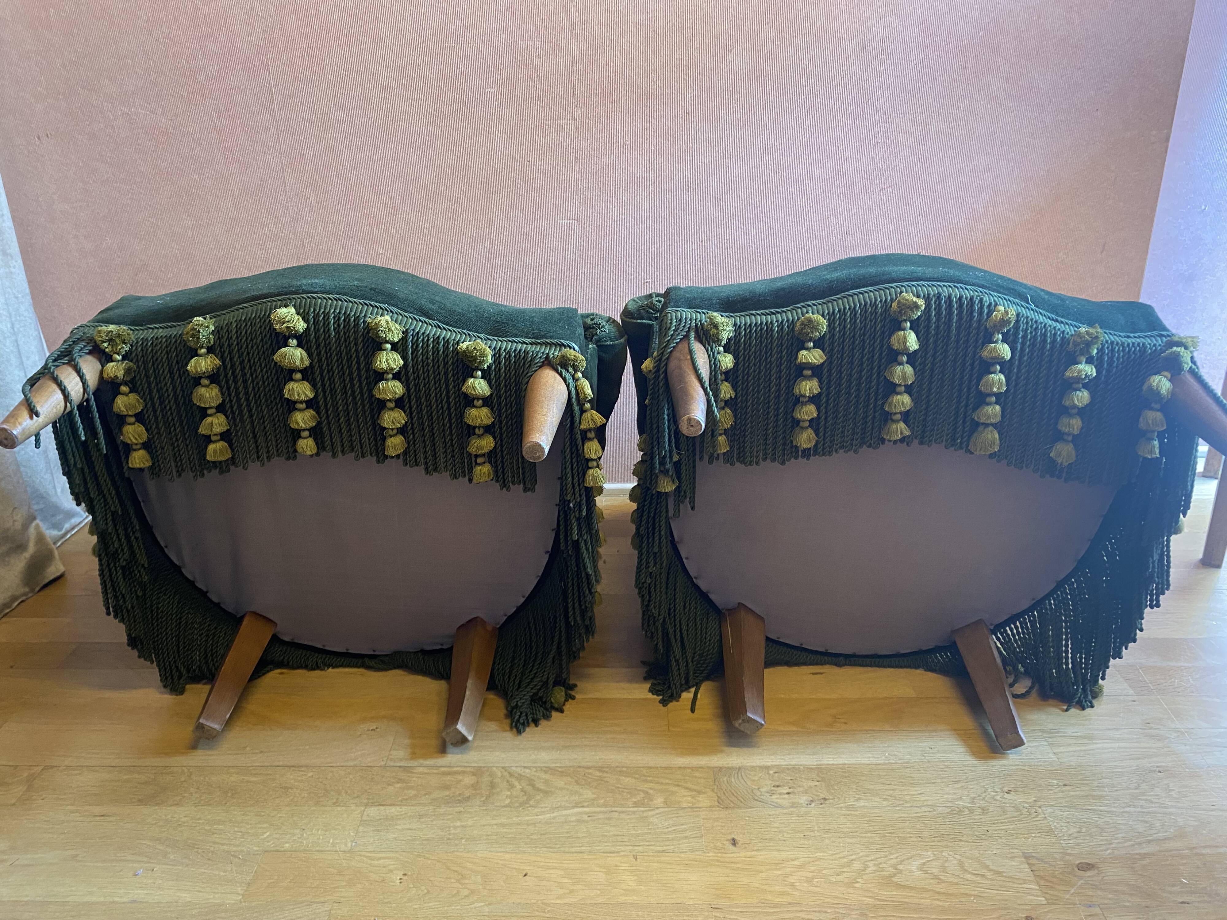 Pair of toad armchairs, duck green