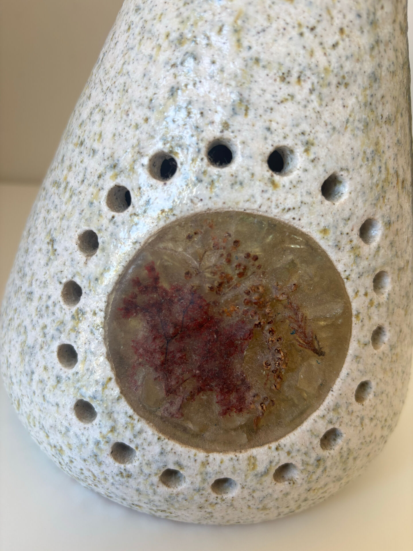 Accolay Lamp, the base in glazed ceramic with openwork decoration.