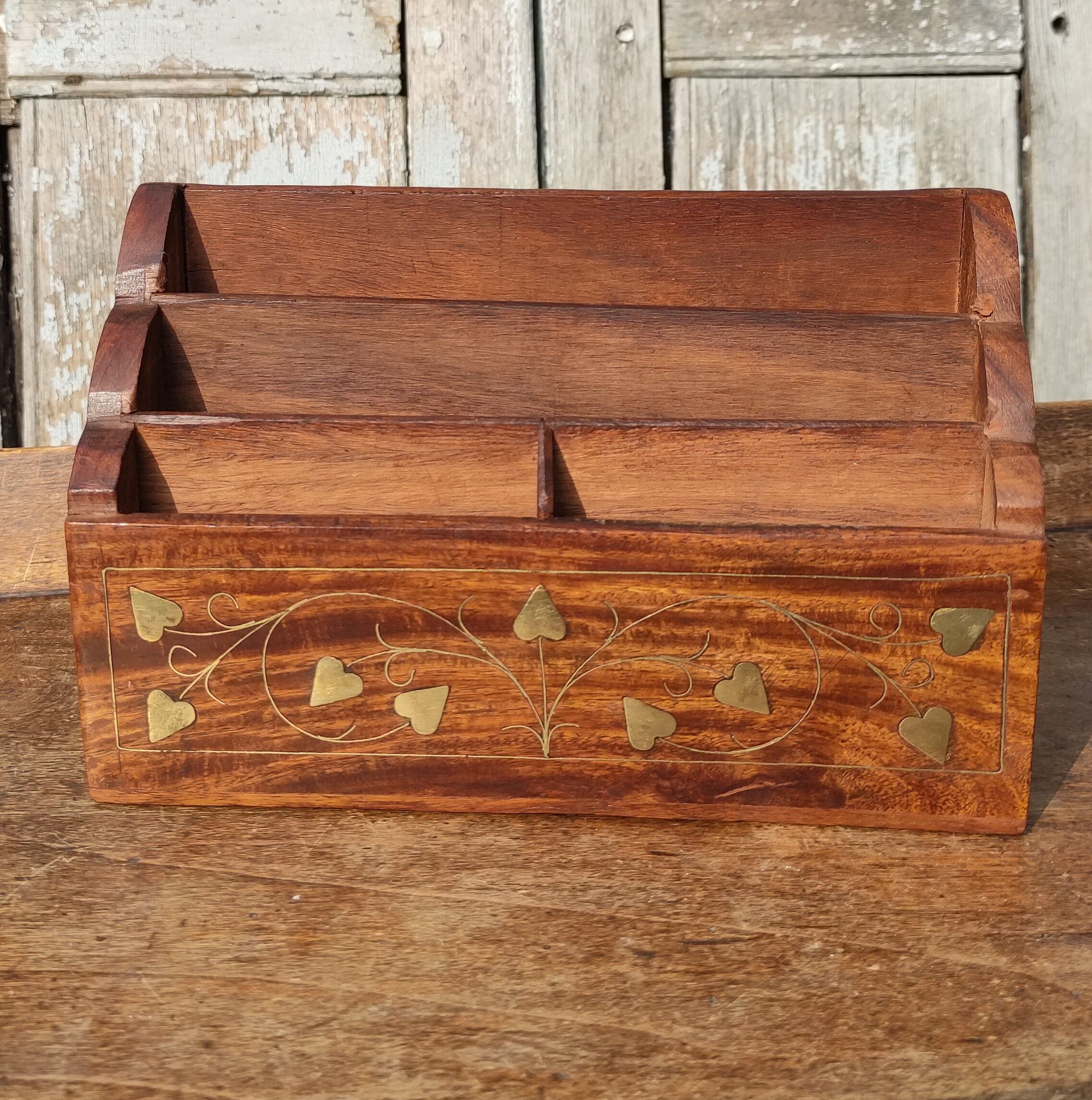 Vintage rosewood and brass mail holder
