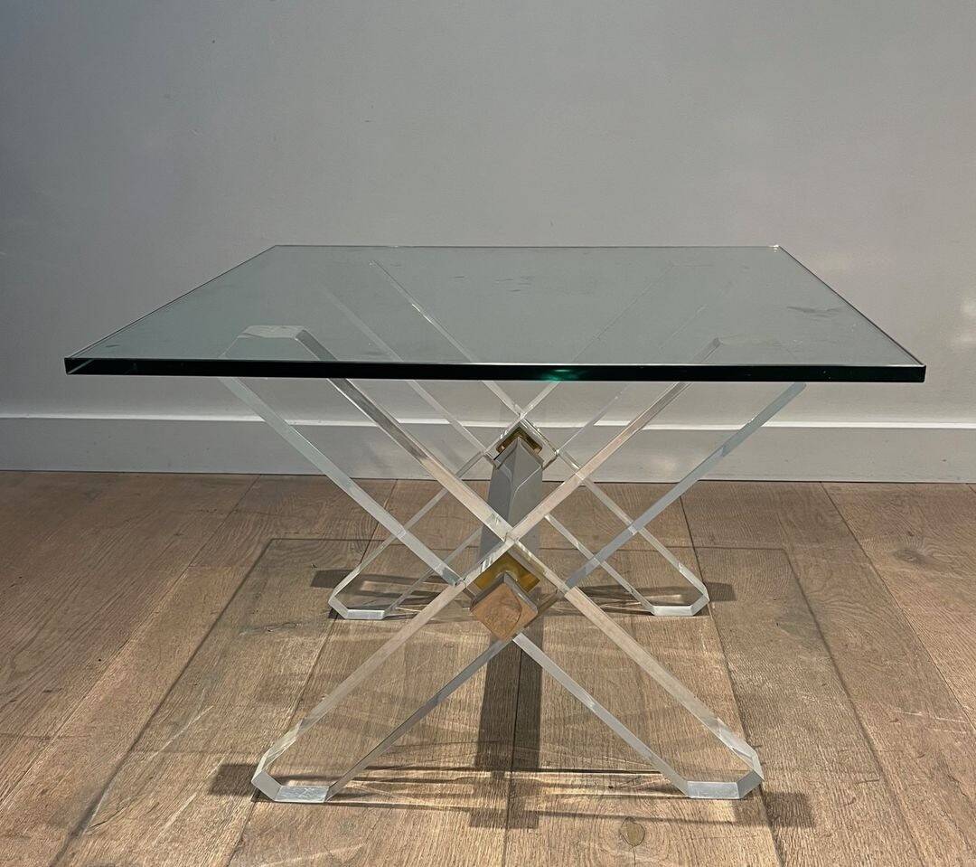 Pair of Plexiglass and Chrome Side Tables with X-shaped Legs, Work