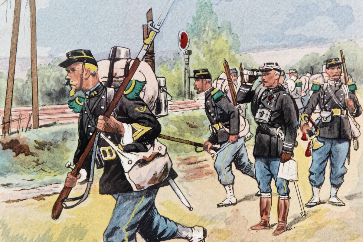 Set of 3 military drawings, watercolor and gouache by Pierre Albert Leroux