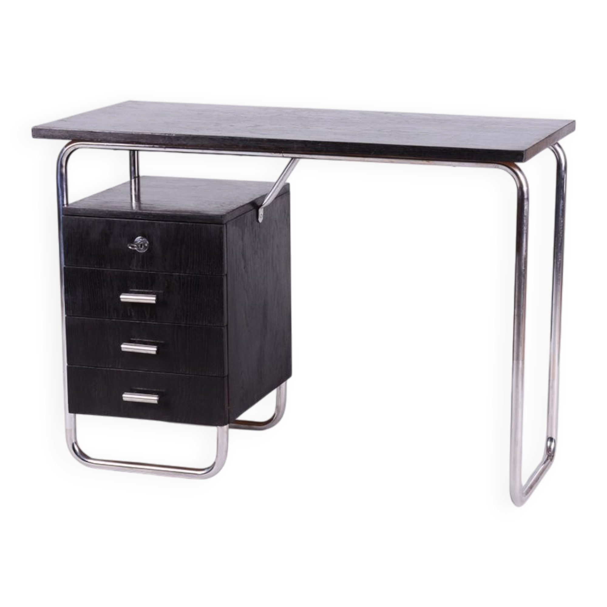 Bauhaus Writing Desk in Oak and Chromed Steel by Robert Slezák, Czech, 1930s