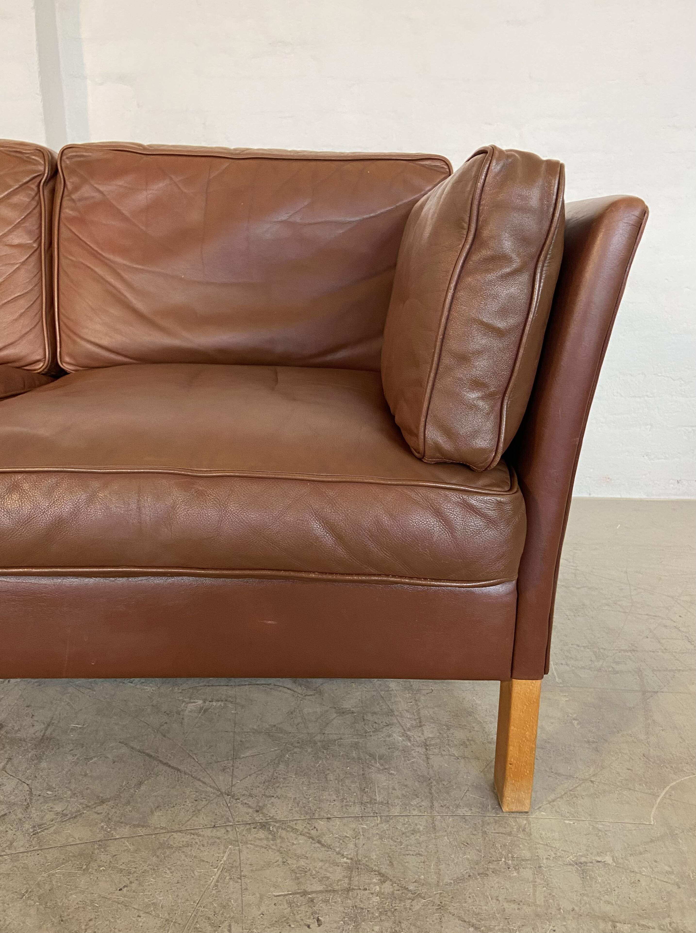 Vintage danish mid century mogens hansen 3 person cognac leather sofa 1960,s