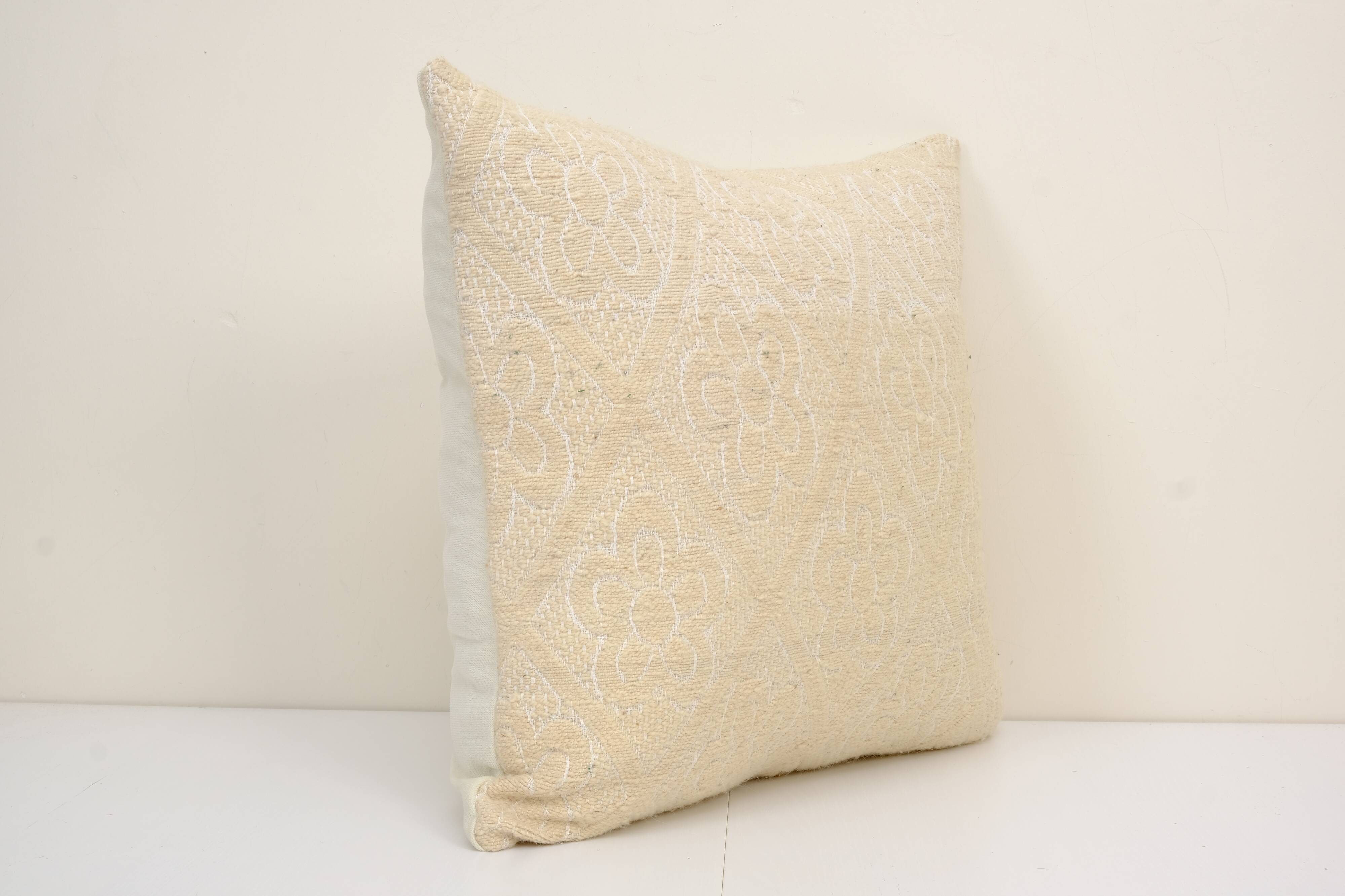 Square white kilim pillow with floral motif, handmade tribal vintage kilim pillow, boho throw pillow