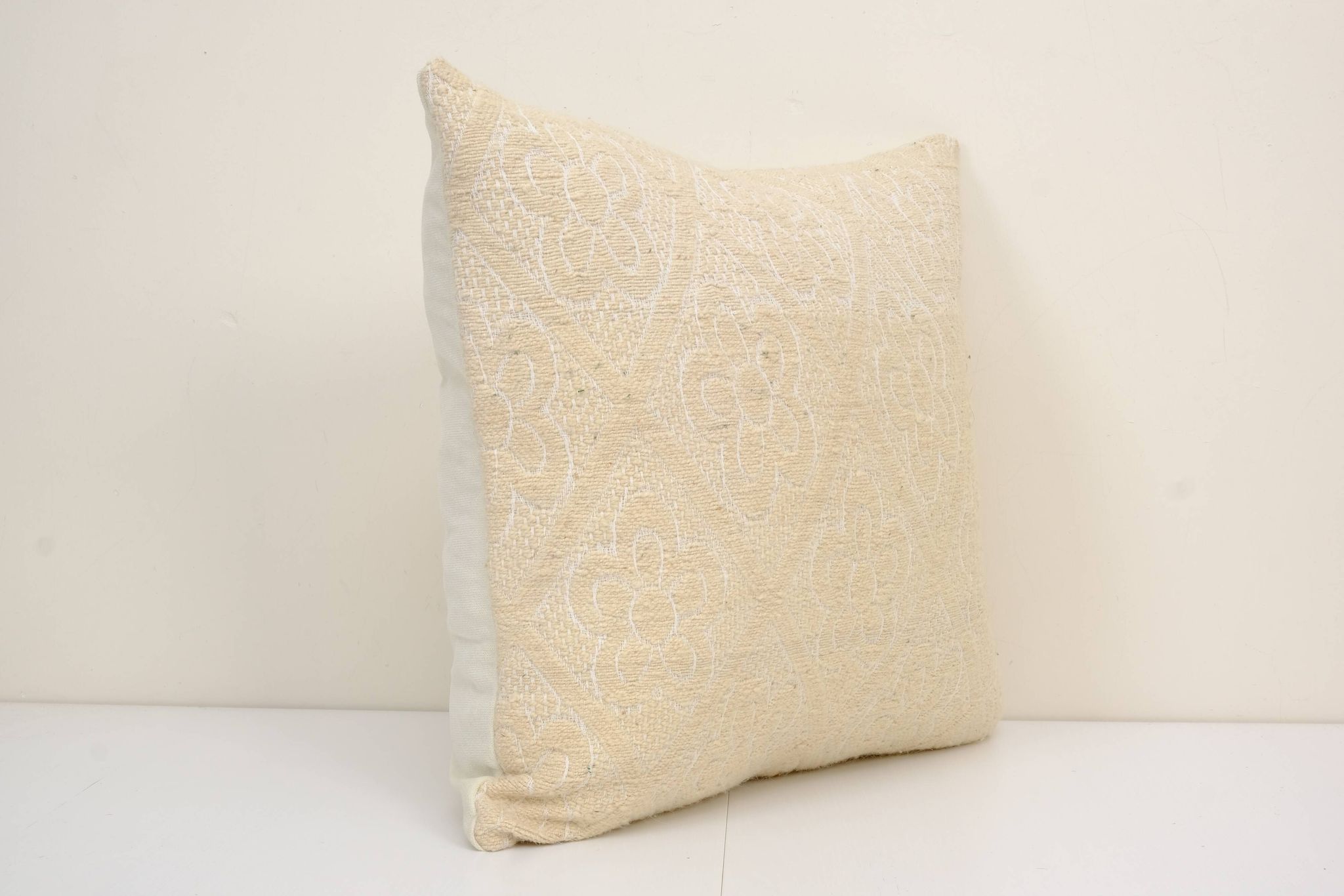 Square white kilim pillow with floral motif, handmade tribal vintage kilim pillow, boho throw pillow