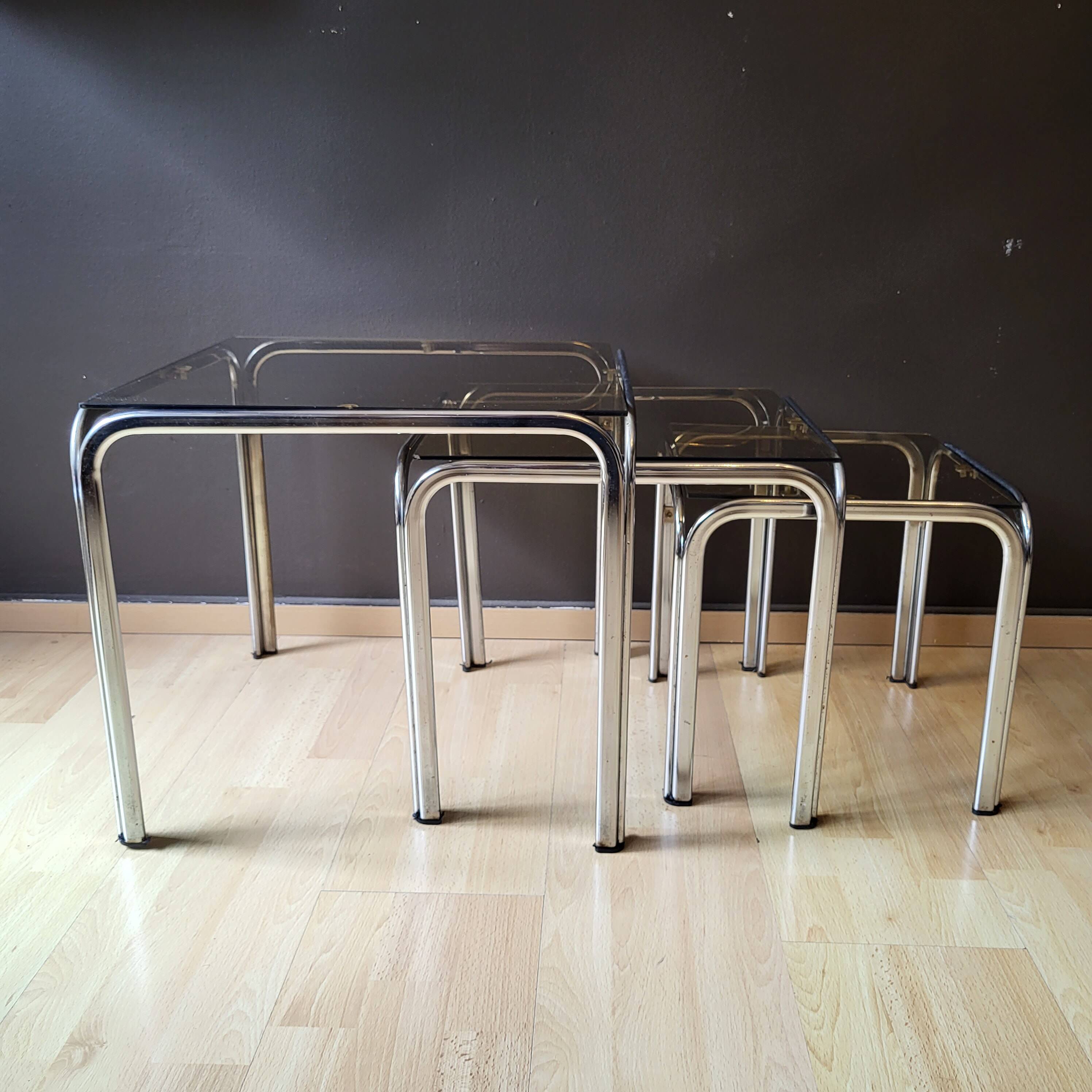 3 Vintage Chrome Nesting Coffee Tables 70'