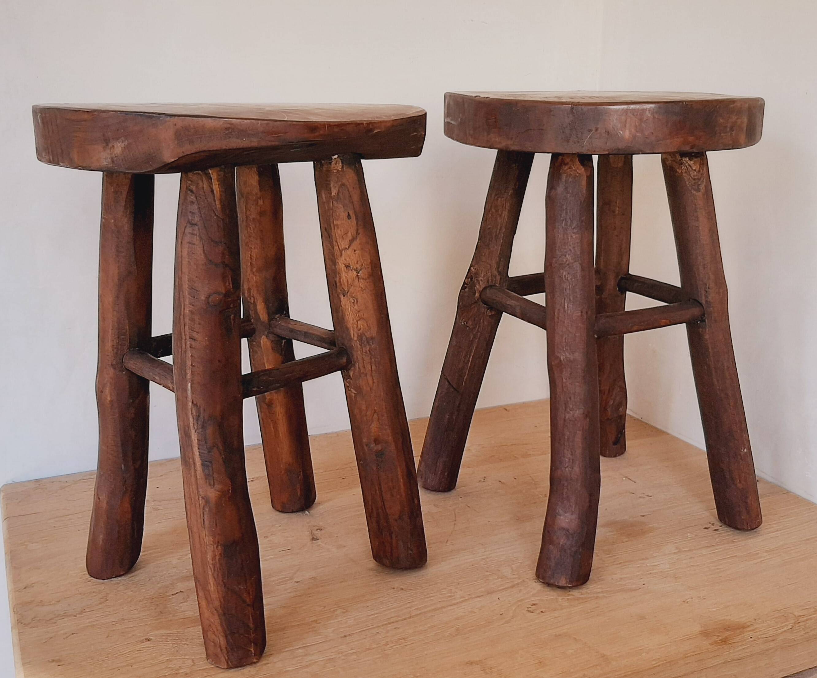 Pair of solid wood brutalist stools