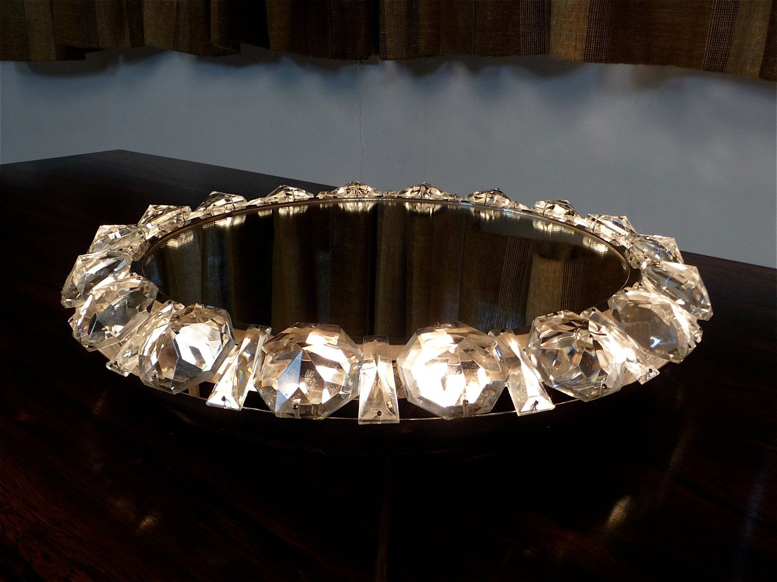 Illuminated round crystal glass mirror from Palwa, West-Germany 1950s
