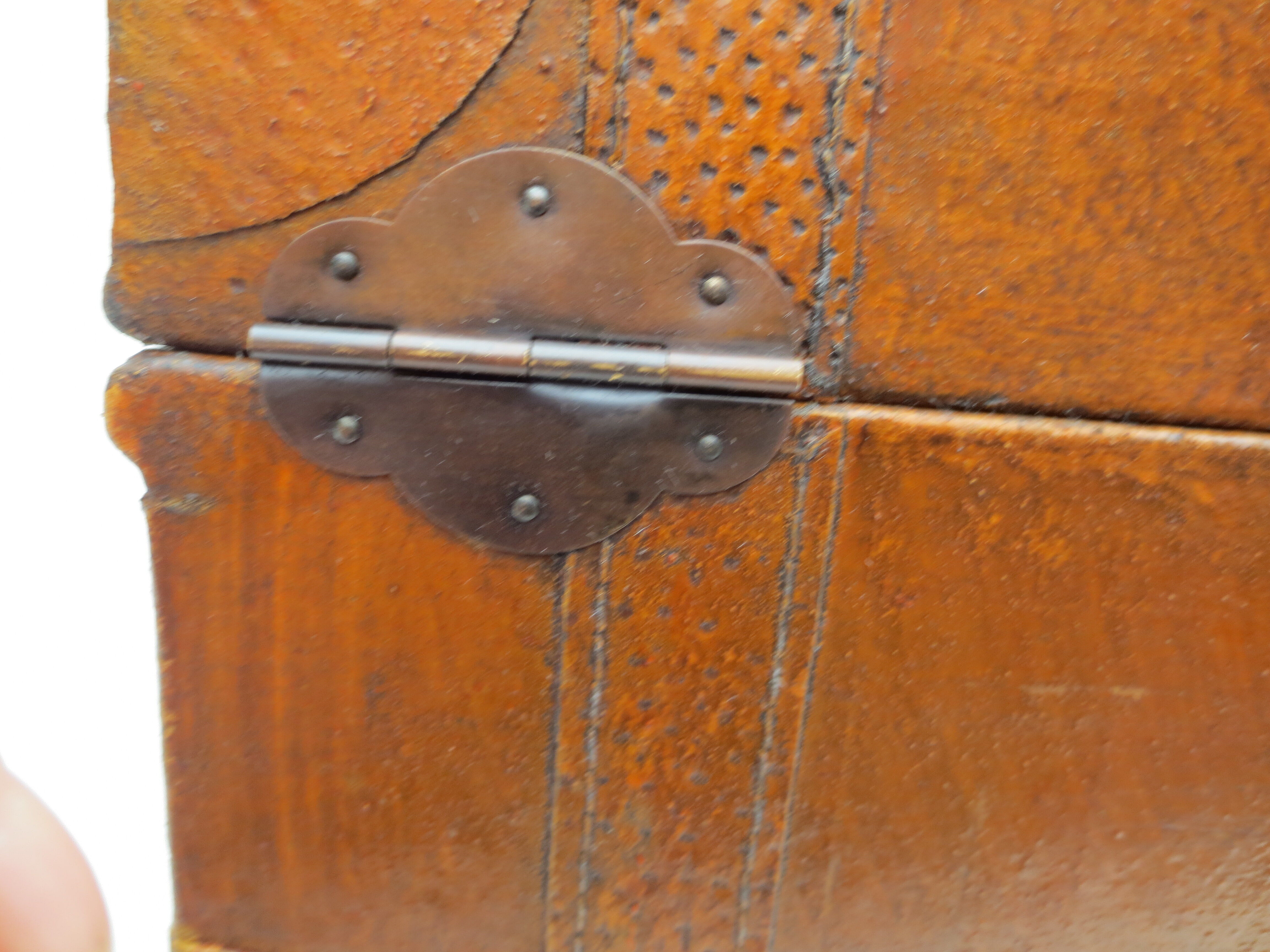 Rectangular wooden suitcase covered with leather