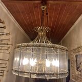 70s designer chandelier with smoked glass plates and gold metal frame