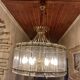 70s designer chandelier with smoked glass plates and gold metal frame