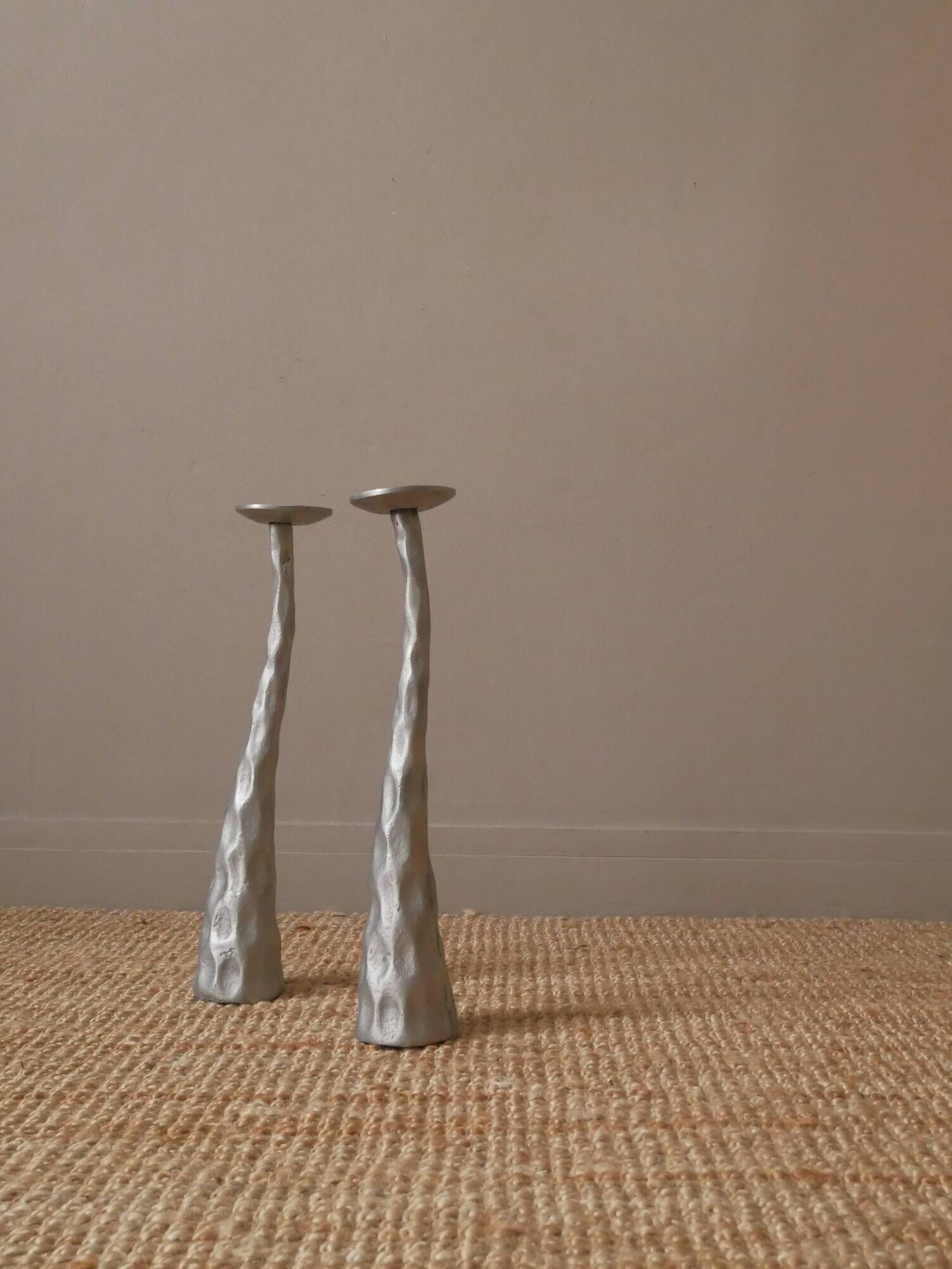 Pair of brushed aluminum candle holders sculpted contemporary brutalist design handmade sculptures