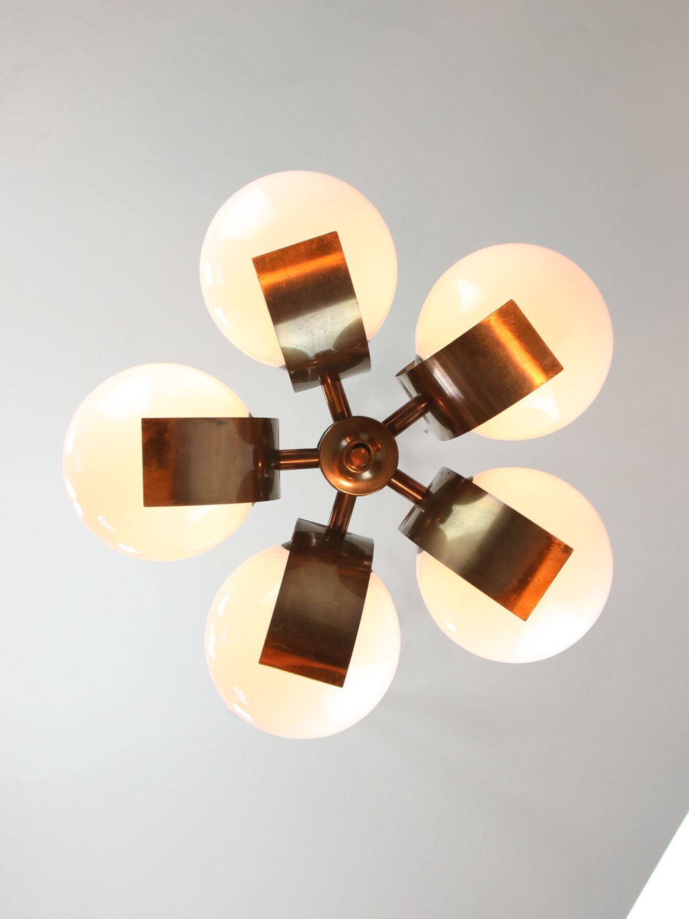 Vintage Italian Copper and Opaline Chandelier, 1970s