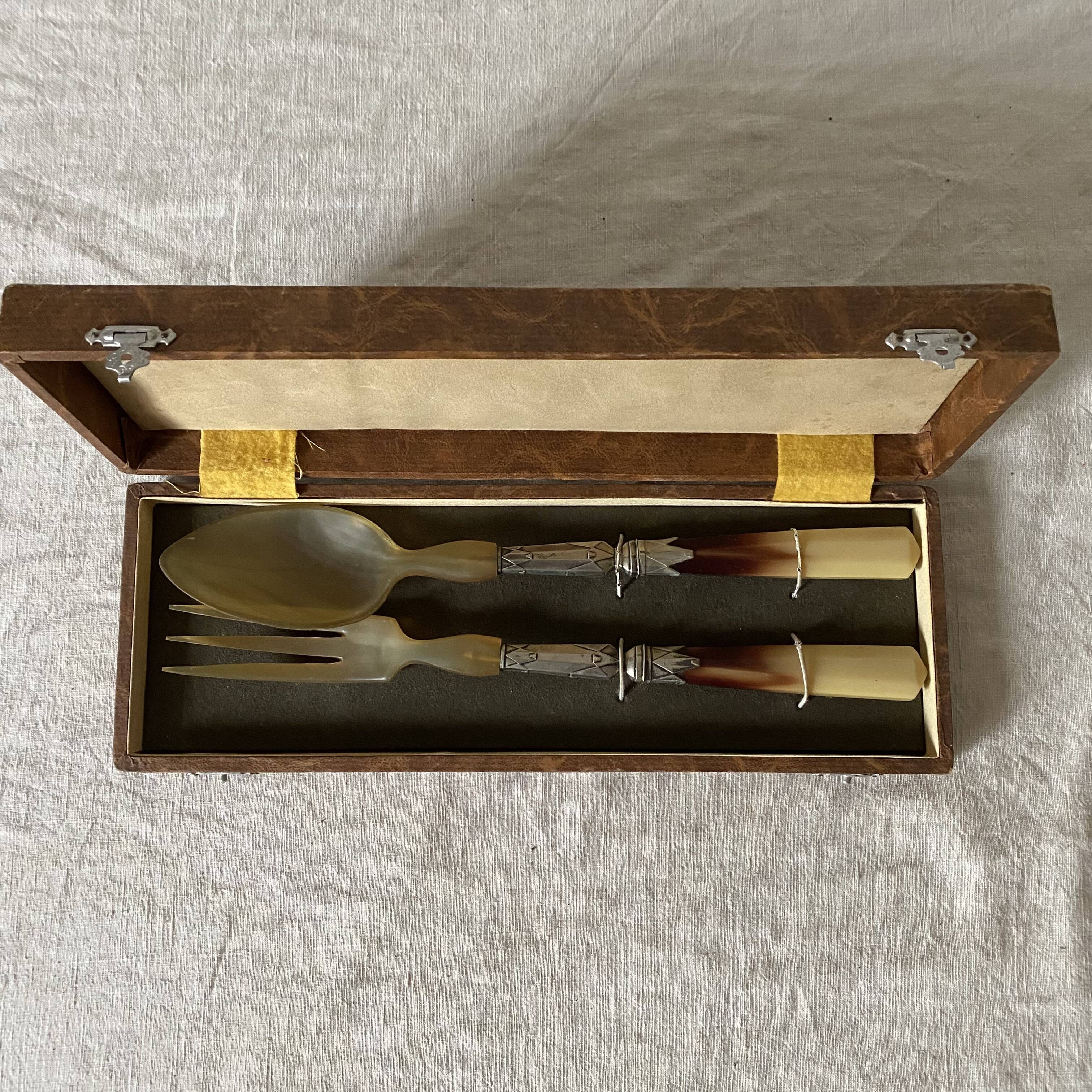 Antique silver plated and horn salad servers