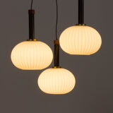 Ribbed glass and teak pendant lamp, 60s.
