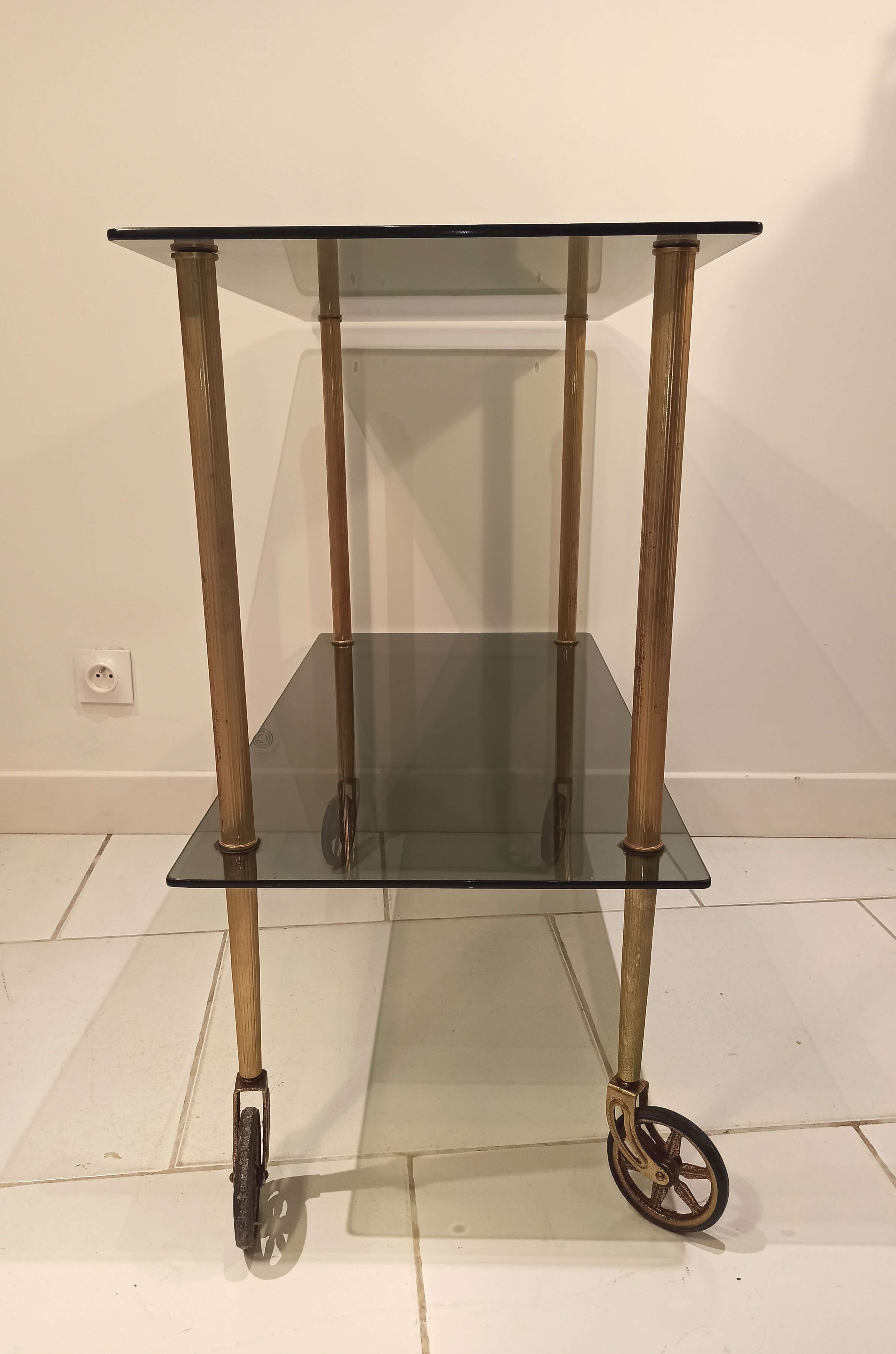 Old vintage rolling trolley, smoked glass trays, gold base